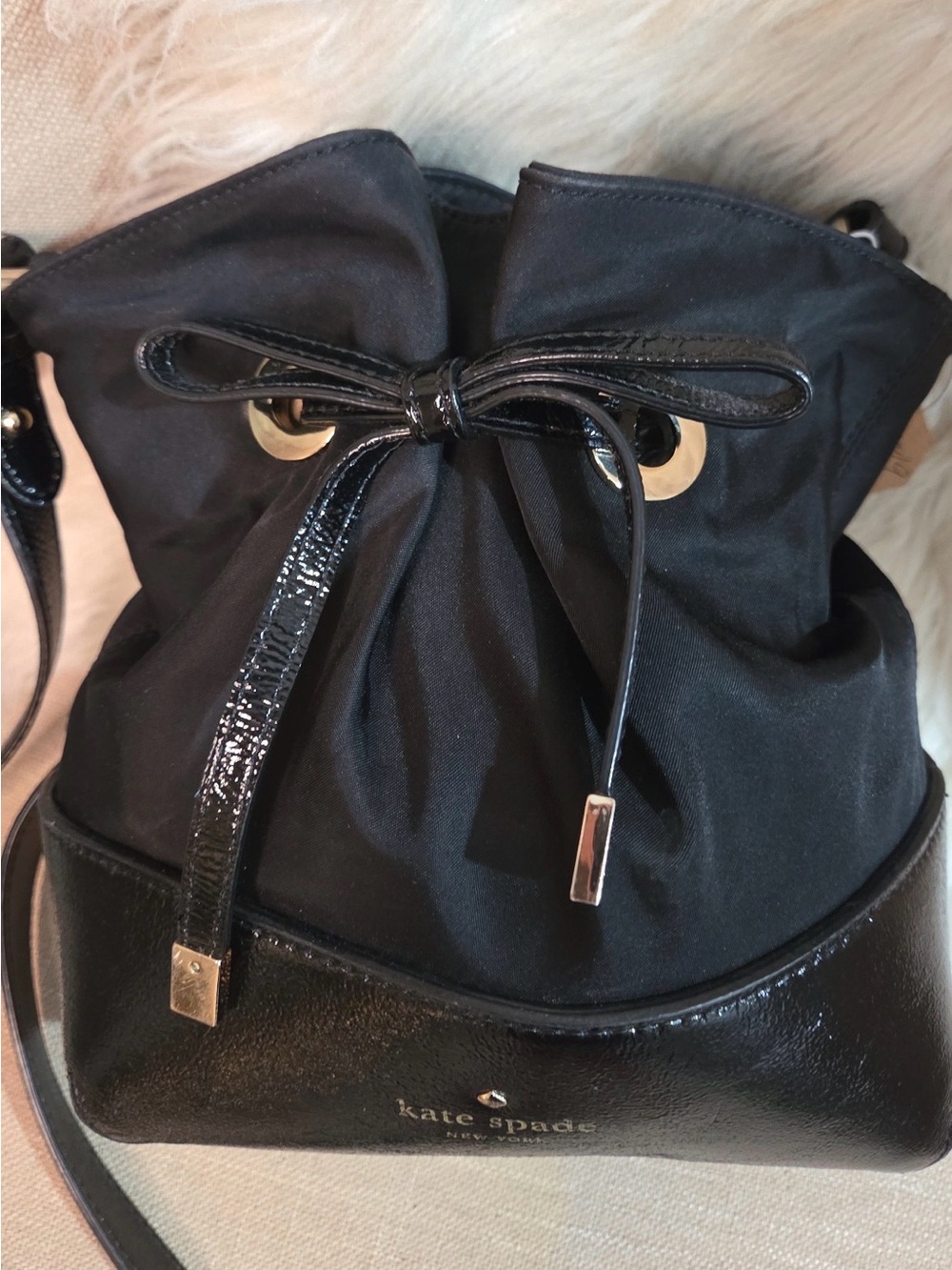 kate spade Black Drawstring Bucket Shoulder Bag with Patent Trim